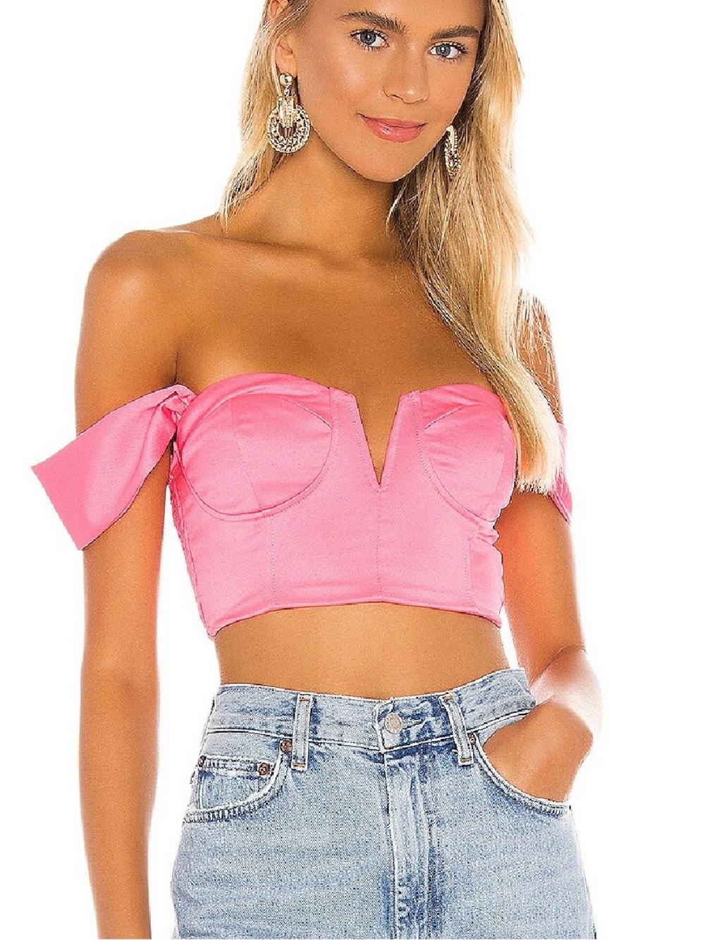 superdown Coralia Bustier Pink Sweetheart Wide Strap Smocked Solid Cropped Top S